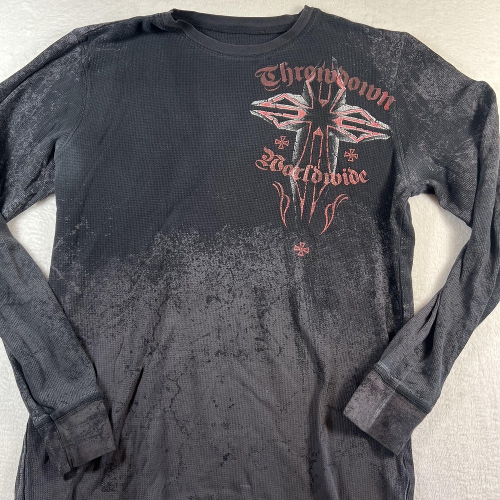 Y2K Throwdown Shirt Men XL Black Angel Wing Cross Affliction Long Sleeve Thermal